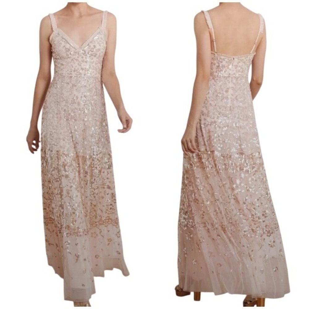 NEEDLE & THREAD NWT Women's‎ 2 Blush Pink Patchwork Sequin Cami Gown Maxi Dress